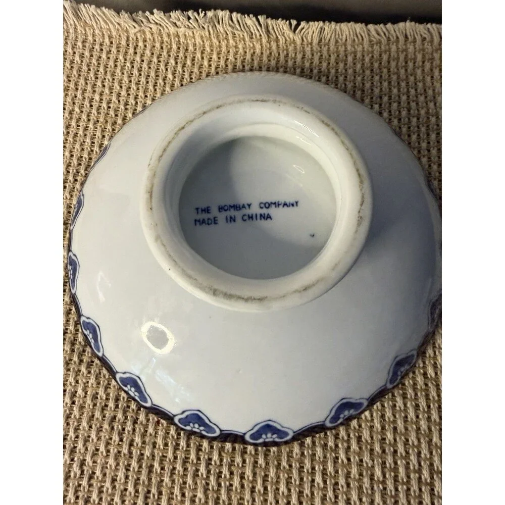 Bombay Company Floral Blue White Ceramic Footed Bowl Scalloped Edge Floral